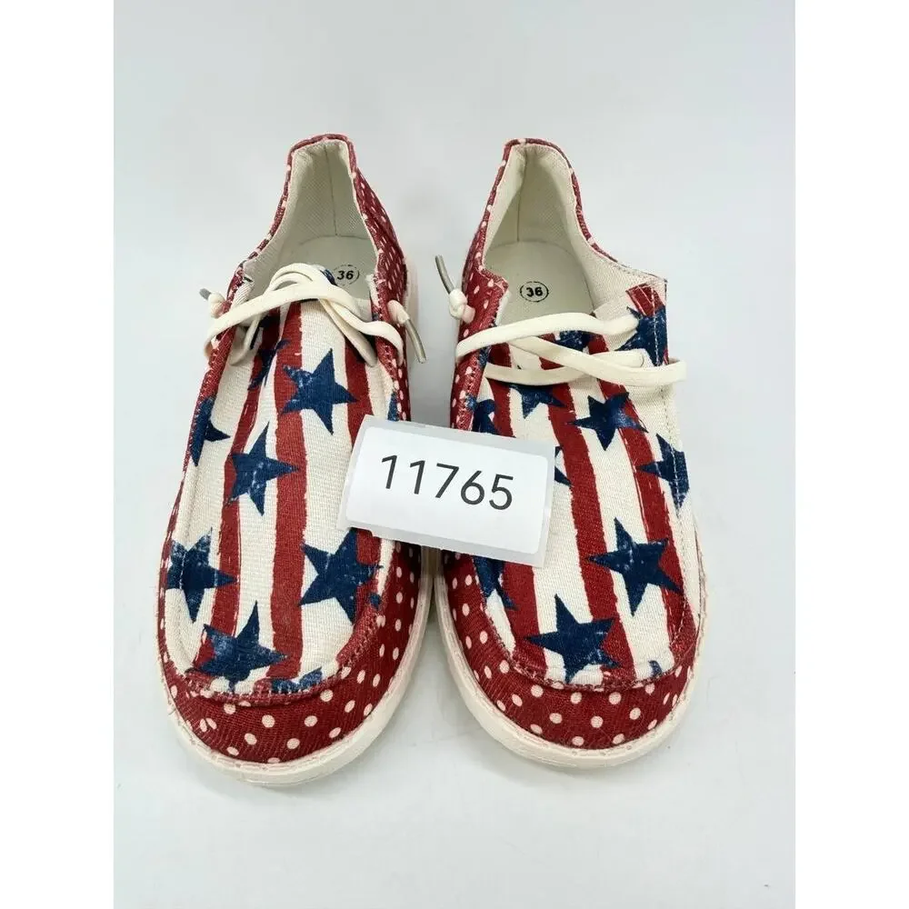 Womens American Flag Canvas Lace Up Boat Shoes Red White Blue EU 36